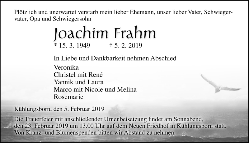  Traueranzeige für Joachim Frahm vom 09.02.2019 aus Ostsee-Zeitung GmbH