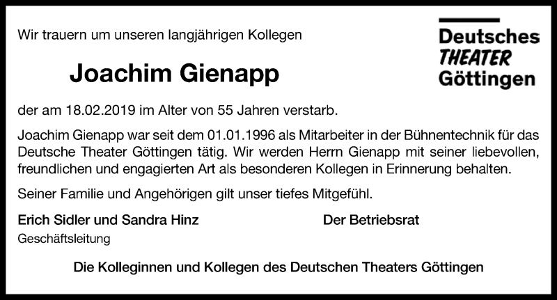  Traueranzeige für Joachim Gienapp vom 23.02.2019 aus Göttinger Tageblatt