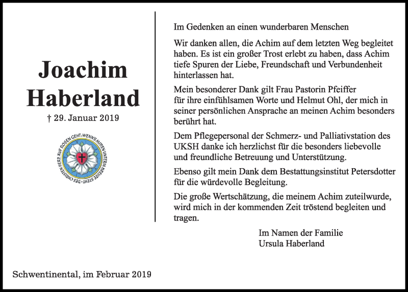  Traueranzeige für Joachim Haberland vom 16.02.2019 aus Kieler Nachrichten