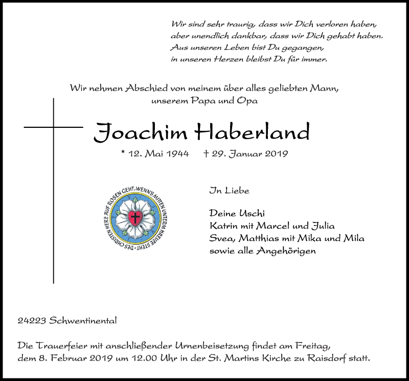  Traueranzeige für Joachim Haberland vom 02.02.2019 aus Kieler Nachrichten