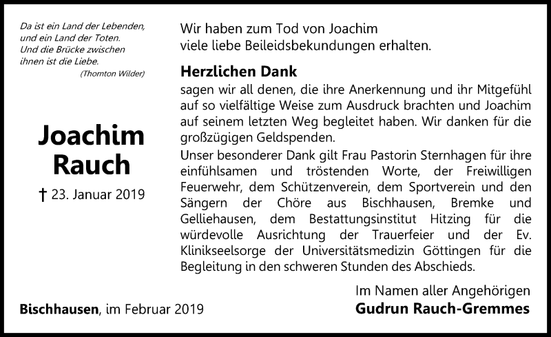  Traueranzeige für Joachim Rauch vom 23.02.2019 aus Göttinger Tageblatt