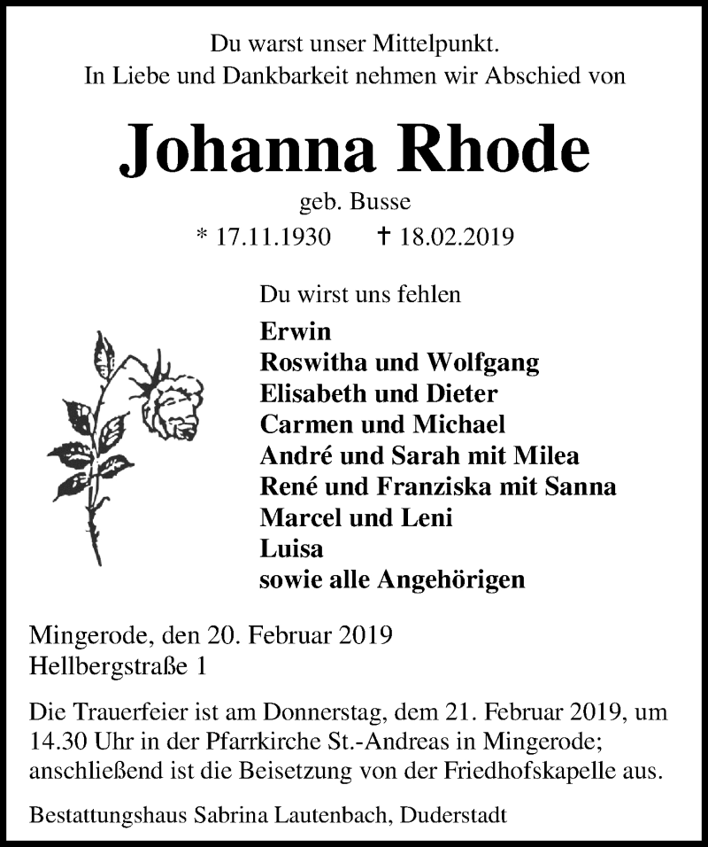  Traueranzeige für Johanna Rhode vom 20.02.2019 aus Eichsfelder Tageblatt