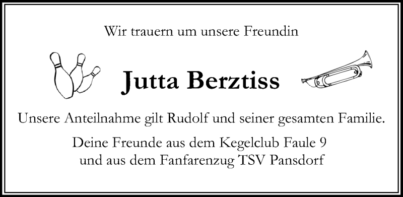  Traueranzeige für Jutta Berztiss vom 03.02.2019 aus Lübecker Nachrichten