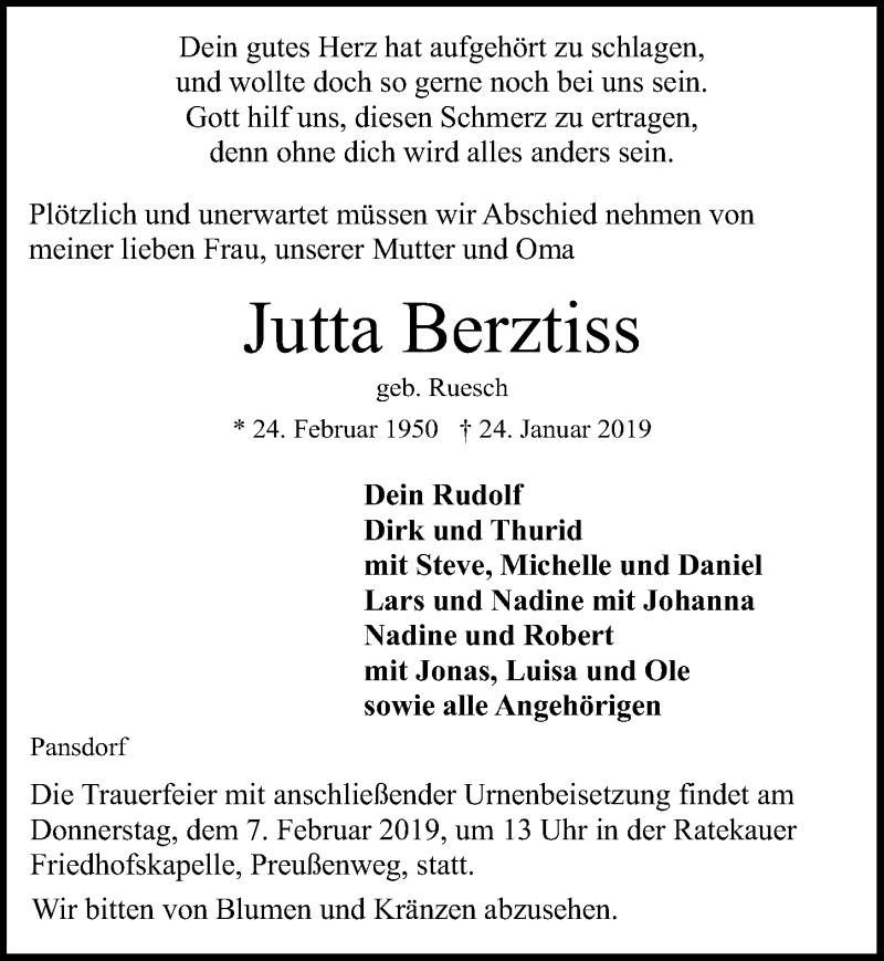  Traueranzeige für Jutta Berztiss vom 03.02.2019 aus Lübecker Nachrichten