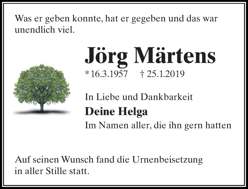  Traueranzeige für Jörg Märtens vom 15.02.2019 aus Aller Zeitung