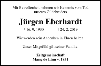 Traueranzeige von Jürgen Eberhardt von Lübecker Nachrichten