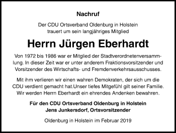 Traueranzeige von Jürgen Eberhardt von Lübecker Nachrichten