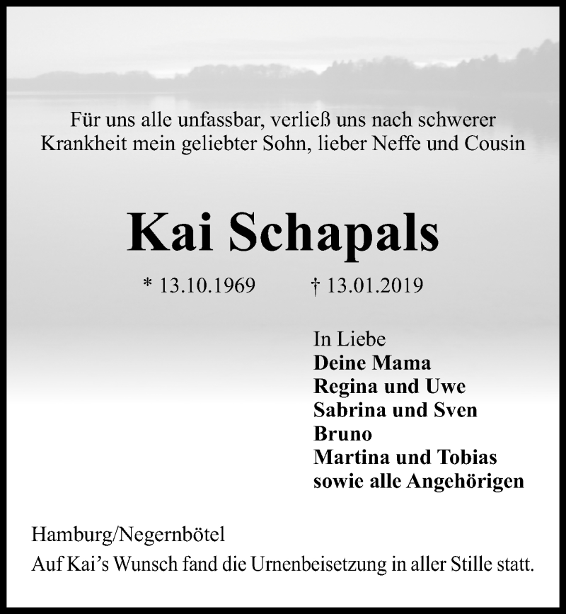  Traueranzeige für Kai Schapals vom 06.02.2019 aus Kieler Nachrichten