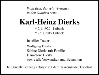 Traueranzeige von Karl-Heinz Dierks von Lübecker Nachrichten