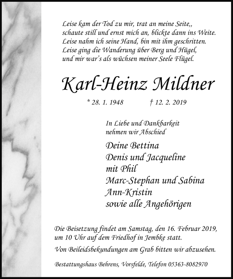  Traueranzeige für Karl-Heinz Mildner vom 14.02.2019 aus Aller Zeitung