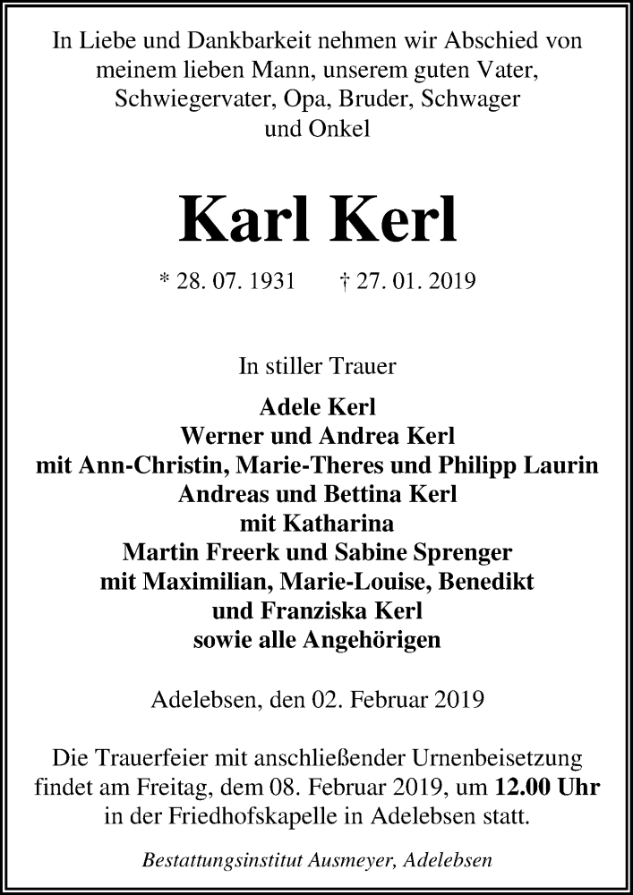  Traueranzeige für Karl Kerl vom 02.02.2019 aus 