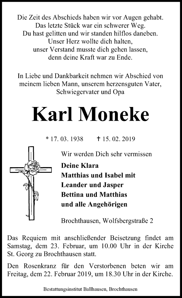  Traueranzeige für Karl Moneke vom 20.02.2019 aus Eichsfelder Tageblatt