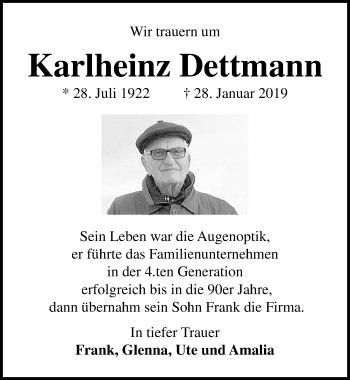 Traueranzeige von Karlheinz Dettmann von Lübecker Nachrichten