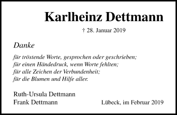 Traueranzeige von Karlheinz Dettmann von Lübecker Nachrichten