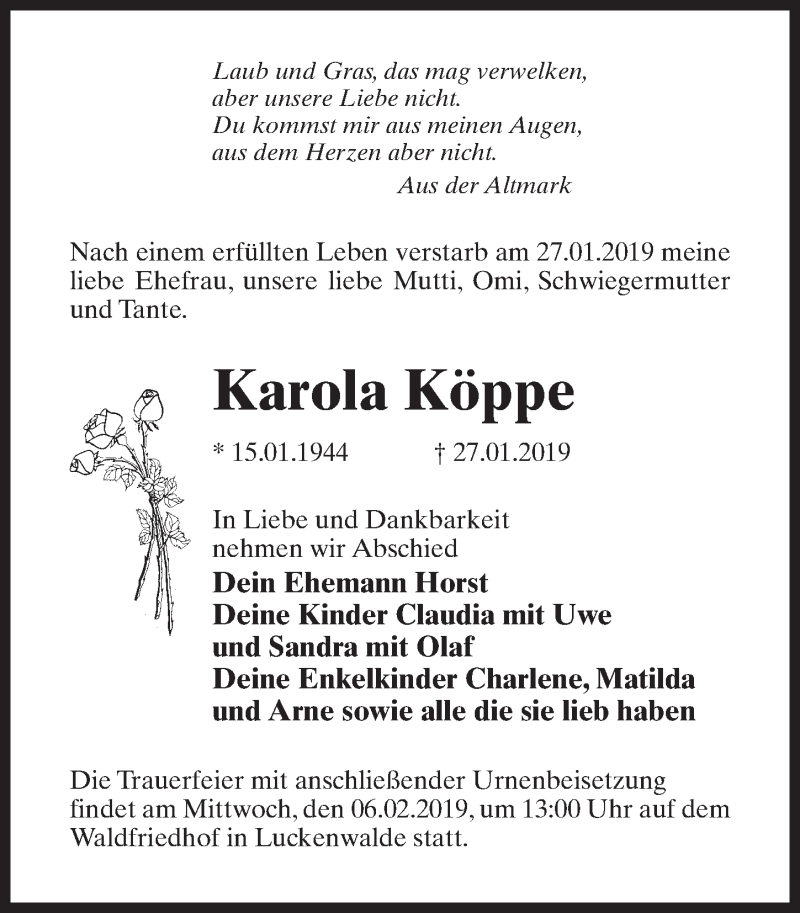  Traueranzeige für Karola Köppe vom 02.02.2019 aus Märkischen Allgemeine Zeitung