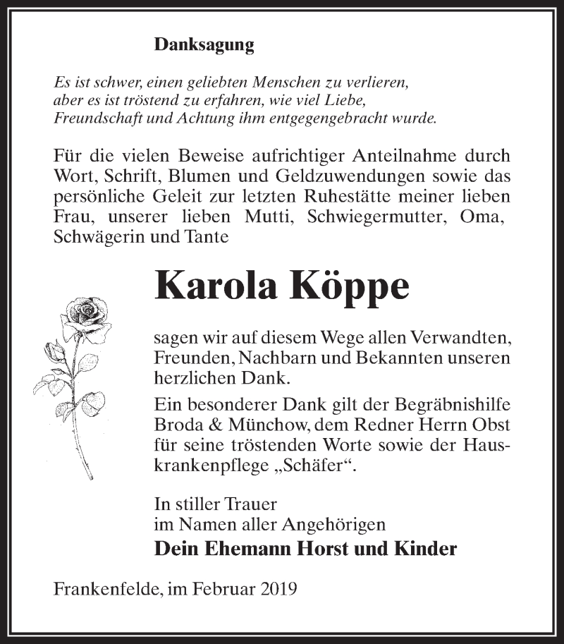  Traueranzeige für Karola Köppe vom 16.02.2019 aus Märkischen Allgemeine Zeitung