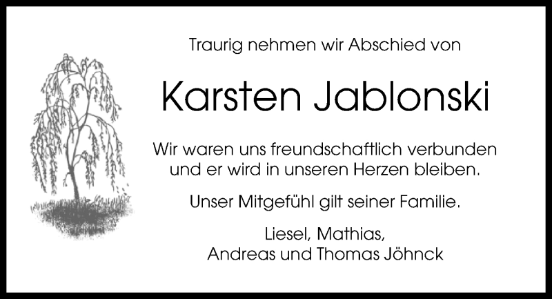  Traueranzeige für Karsten Jablonski vom 16.02.2019 aus Kieler Nachrichten