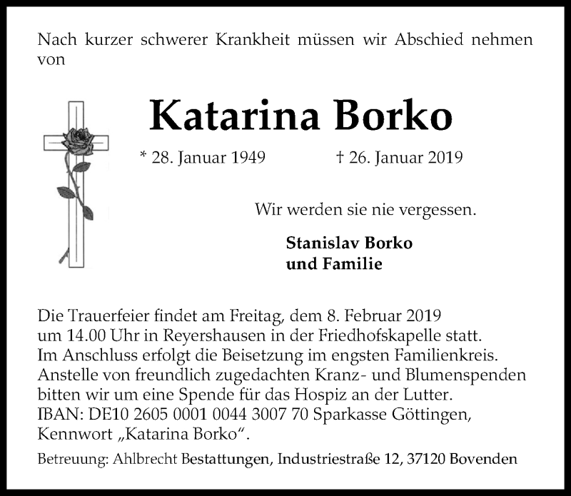  Traueranzeige für Katarina Borko vom 02.02.2019 aus 