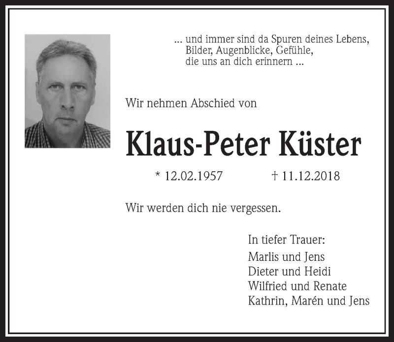  Traueranzeige für Klaus-Peter Küster vom 12.02.2019 aus Aller Zeitung