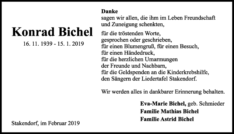  Traueranzeige für Konrad Bichel vom 16.02.2019 aus Kieler Nachrichten