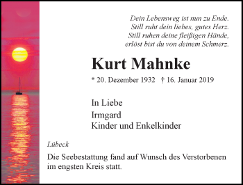 Traueranzeige von Kurt Mahnke von Lübecker Nachrichten