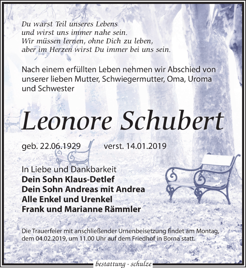 Traueranzeige für Leonore Schubert vom 26.01.2019 aus Leipziger Volkszeitung