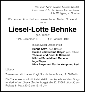 Traueranzeige von Liesel-Lotte Behnke von Lübecker Nachrichten