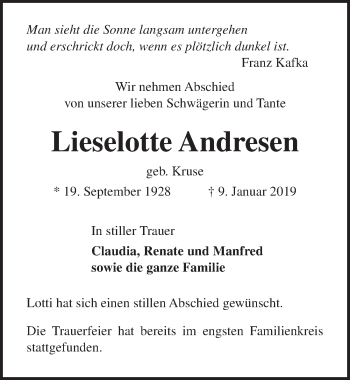 Traueranzeige von Lieselotte Andresen von Lübecker Nachrichten