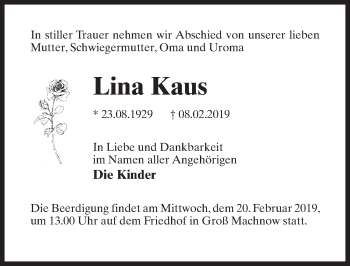Traueranzeige von Lina Kaus von Märkischen Allgemeine Zeitung