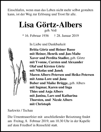Traueranzeige von Lisa Görtz-Albers von Lübecker Nachrichten