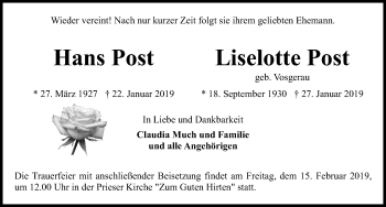Traueranzeige von Liselotte Post von Kieler Nachrichten