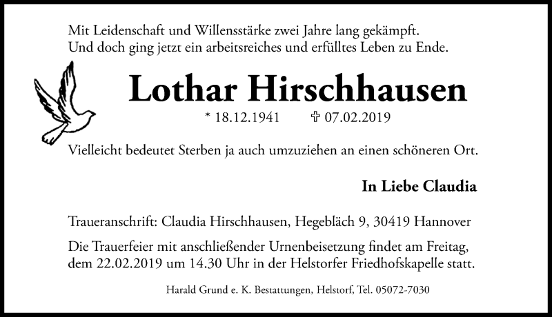  Traueranzeige für Lothar Hirschhausen vom 16.02.2019 aus Hannoversche Allgemeine Zeitung/Neue Presse