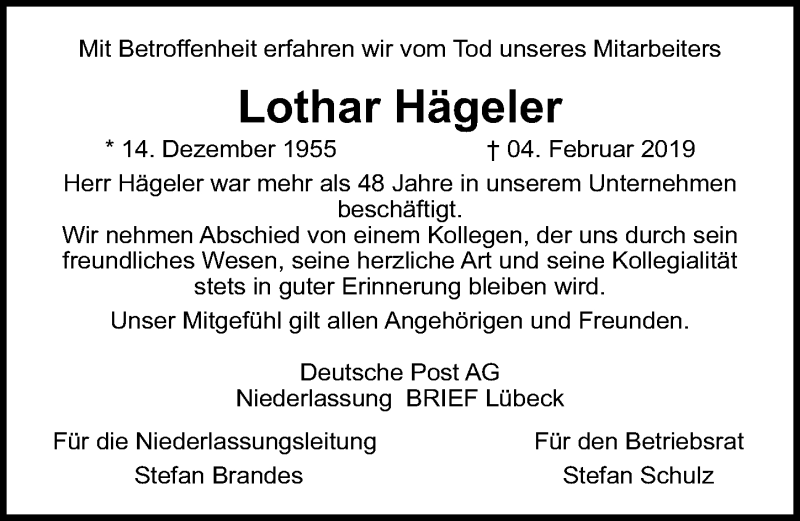  Traueranzeige für Lothar Hägeler vom 10.02.2019 aus Lübecker Nachrichten