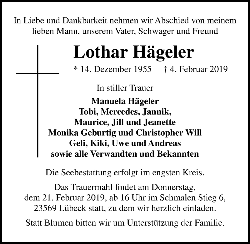 Traueranzeige für Lothar Hägeler vom 10.02.2019 aus Lübecker Nachrichten