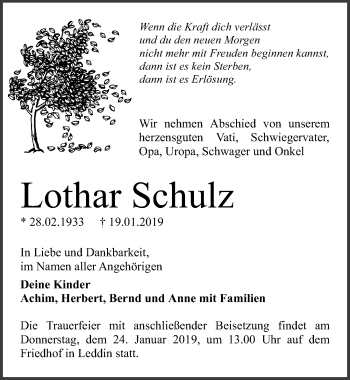 Traueranzeige von Lothar Schulz von Märkischen Allgemeine Zeitung