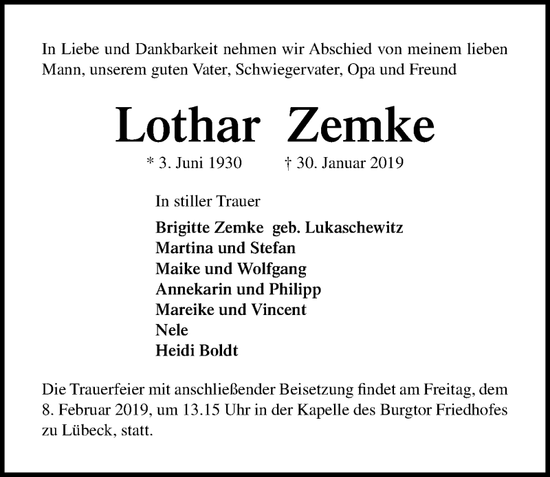  Traueranzeige für Lothar Zemke vom 03.02.2019 aus Lübecker Nachrichten