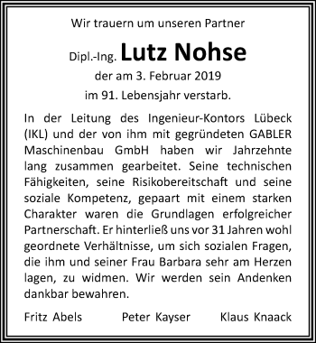 Traueranzeige von Lutz Nohse von Lübecker Nachrichten