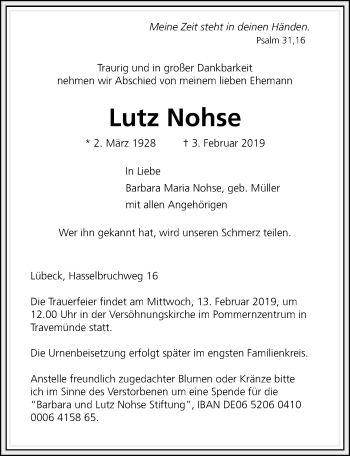 Traueranzeige von Lutz Nohse von Lübecker Nachrichten