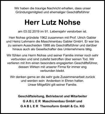 Traueranzeige von Lutz Nohse von Lübecker Nachrichten