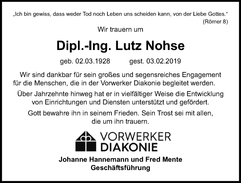 Traueranzeige für Lutz Nohse vom 10.02.2019 aus Lübecker Nachrichten