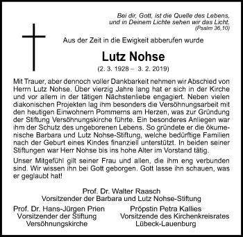 Traueranzeige von Lutz Nohse von Lübecker Nachrichten