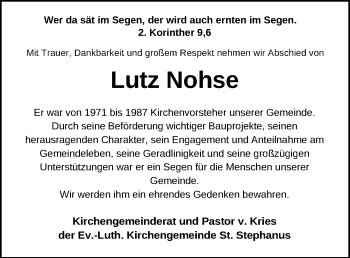 Traueranzeige von Lutz Nohse von Lübecker Nachrichten