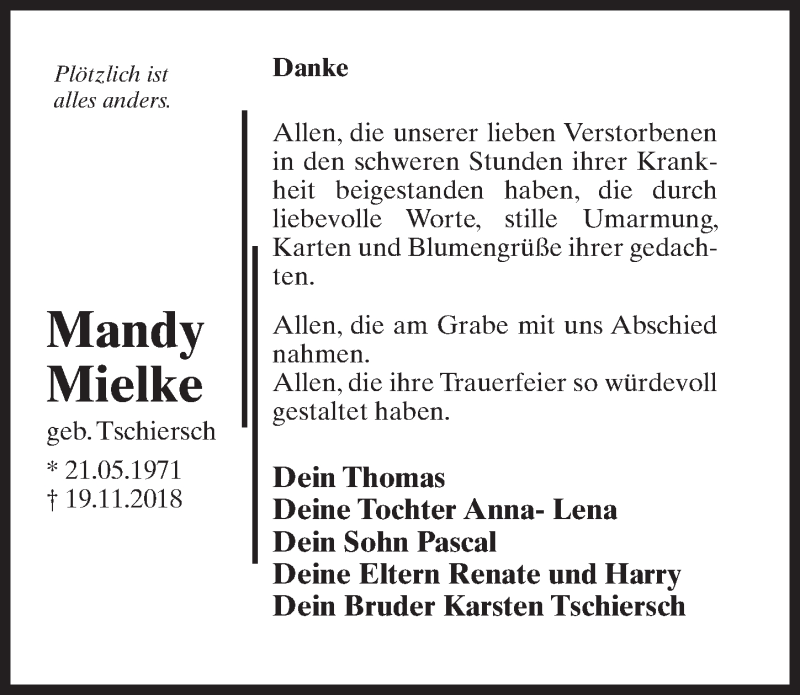  Traueranzeige für Mandy Mielke vom 02.02.2019 aus Märkischen Allgemeine Zeitung