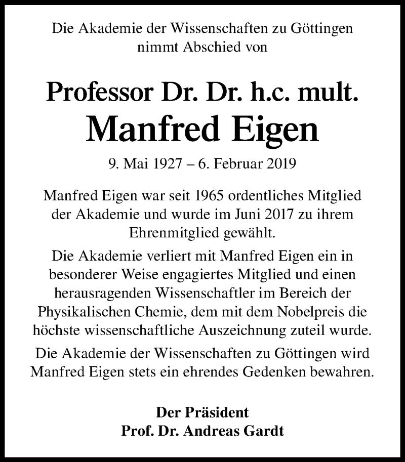  Traueranzeige für Manfred Eigen vom 09.02.2019 aus 