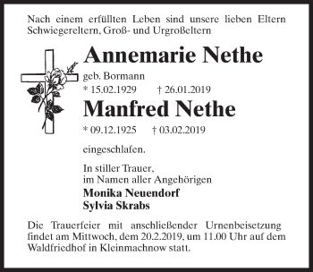 Traueranzeige von Manfred Nethe von Märkischen Allgemeine Zeitung