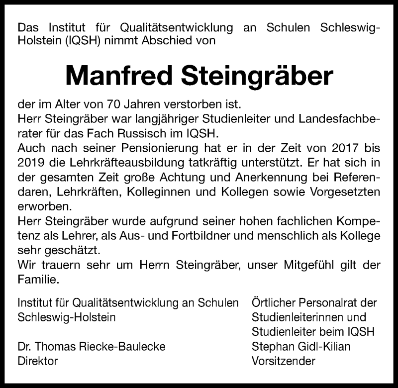  Traueranzeige für Manfred Steingräber vom 09.02.2019 aus Kieler Nachrichten