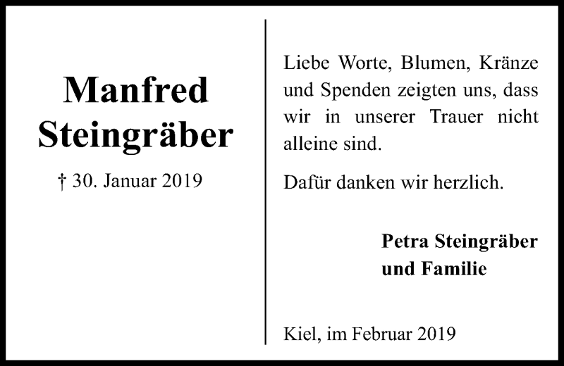  Traueranzeige für Manfred Steingräber vom 09.02.2019 aus Kieler Nachrichten