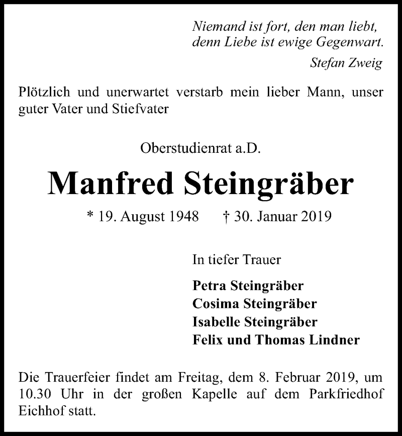  Traueranzeige für Manfred Steingräber vom 02.02.2019 aus Kieler Nachrichten