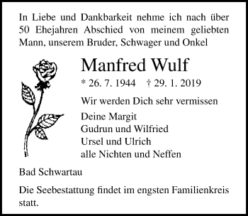 Traueranzeige von Manfred Wulf von Lübecker Nachrichten