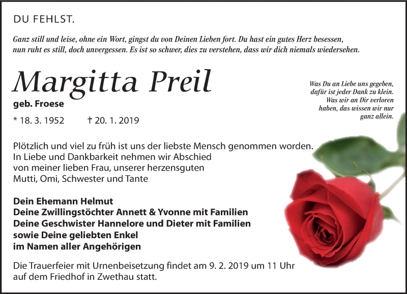  Traueranzeige für Margitta Preil vom 26.01.2019 aus Torgauer Zeitung